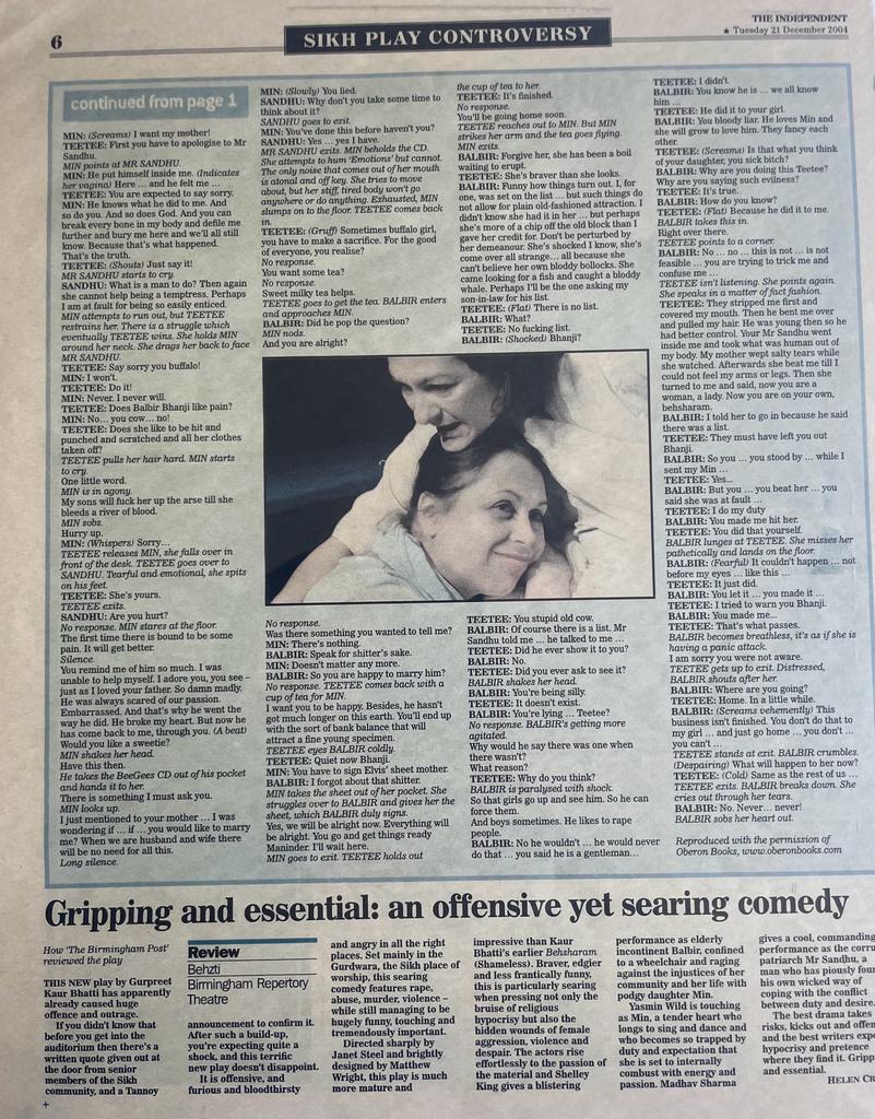 Behzti - The Independent article 21 December 2004 p2