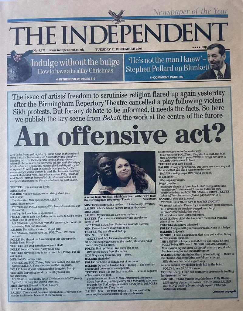 Behzti - The Independent article 21 Dec 2004